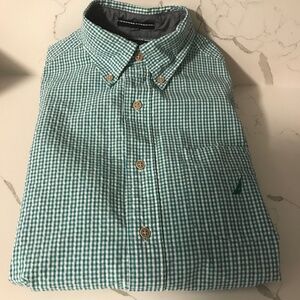 Nautica Men’s Gingham 100% Cotton US S  Green & White Long Sleeve Button down